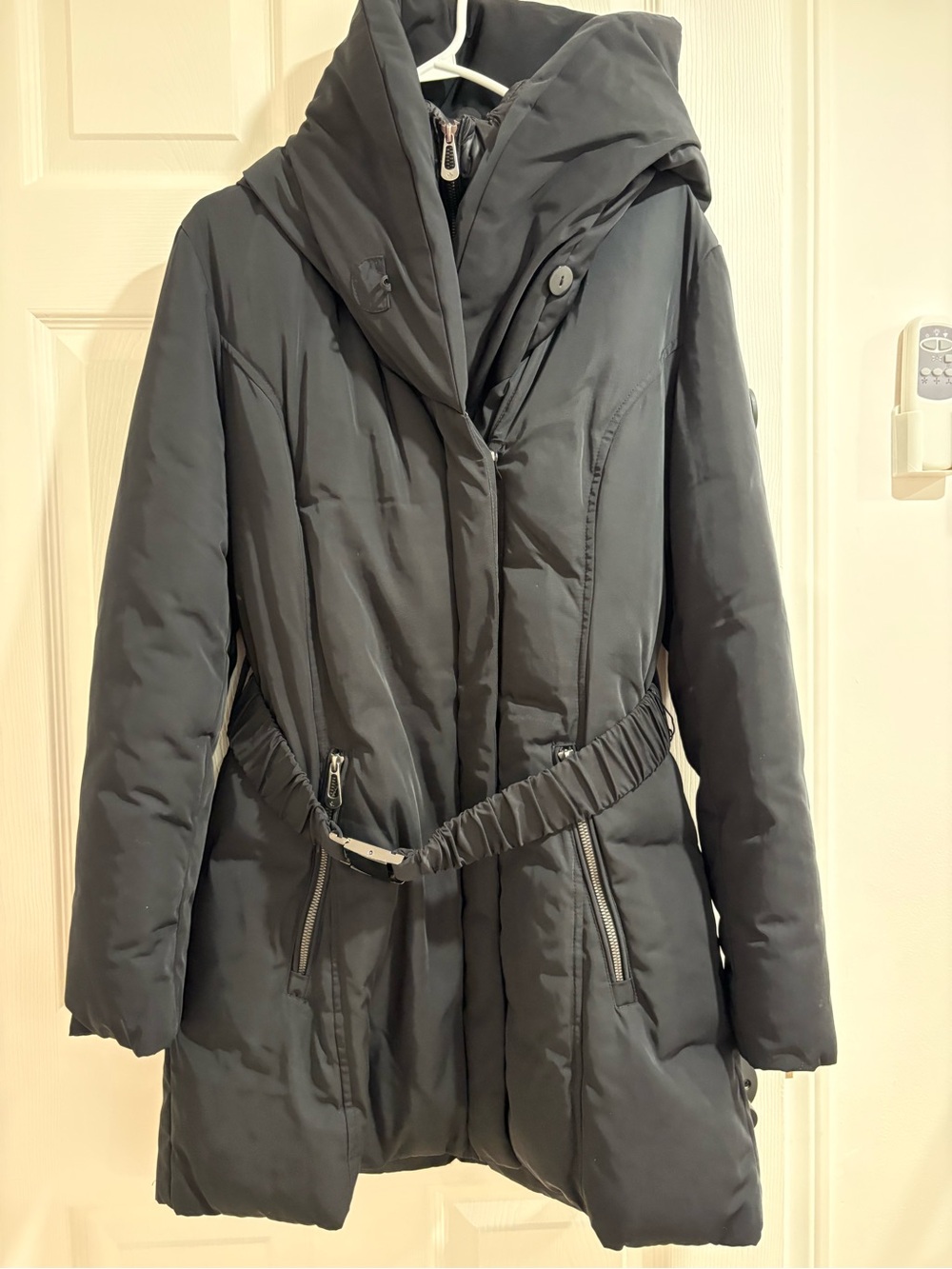 Noize Black Hooded Women's Puffer Coat with Belted Waist
